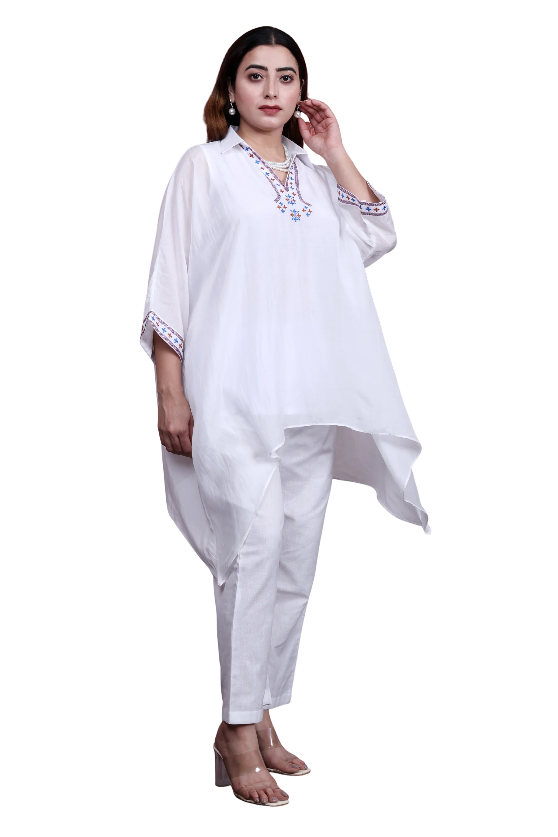 White Sustainable Chanderi Kaftan with Multi-Color Hand Embroidery